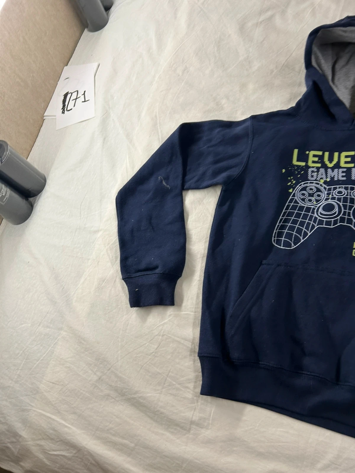 Navy blue hoodie with children's size patterns – photo 4
